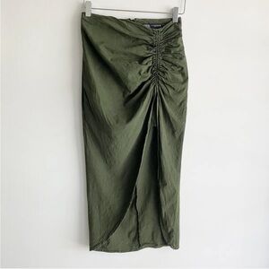 Zara Medium Ruched Linen Blend Gathered Midi Skirt Olive Green Draped
